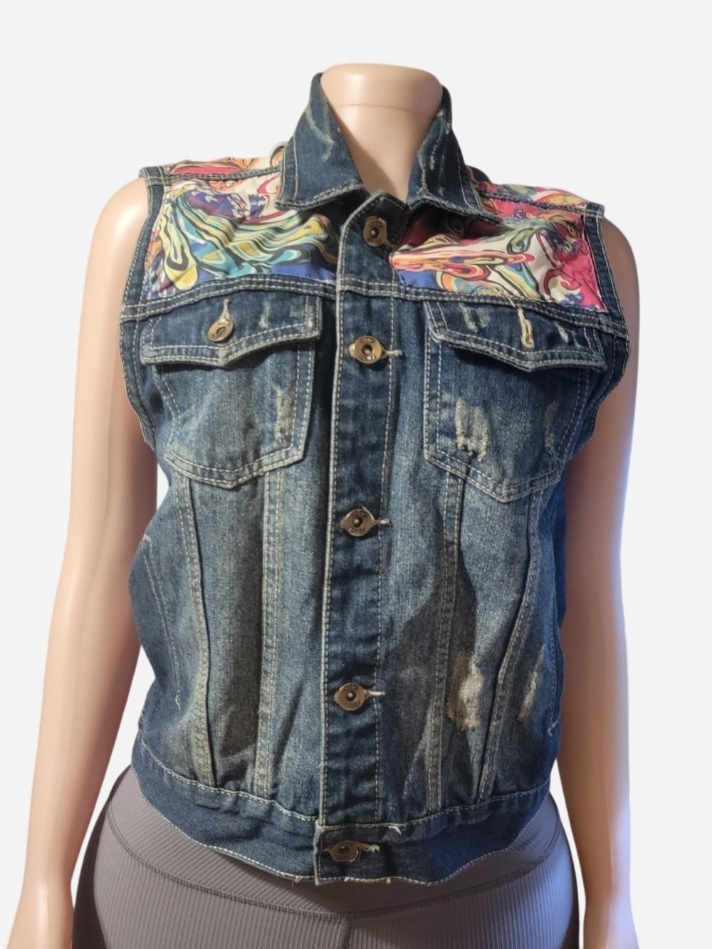 Sleeveless Denim Vest with Multicolor Swirl Yoke